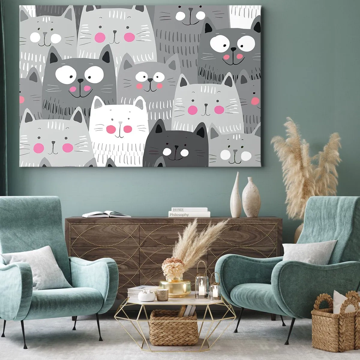 Tablou pe pânză Canvas - Un model distractiv cu pisici în nuanțe de gri - 70x50cm - Lumea felină - Decorațiune modernă pentru perete pentru living și dormitor ARTTOR