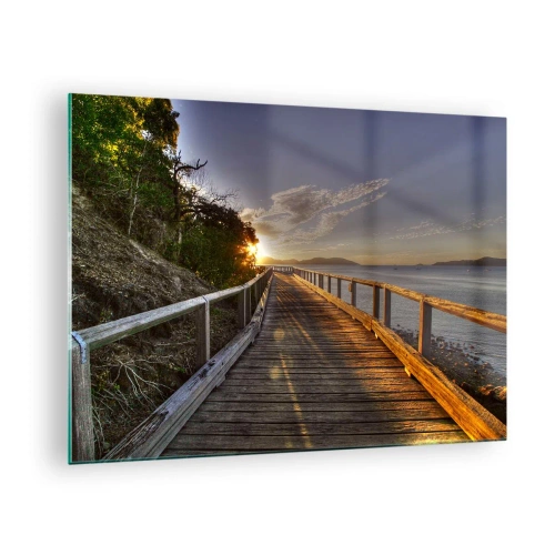 Tablou pe sticlă - Pasarelă de lemn la apus - 70x50cm - Să mergem spre soare - Decorațiune modernă pentru perete pentru living și dormitor ARTTOR