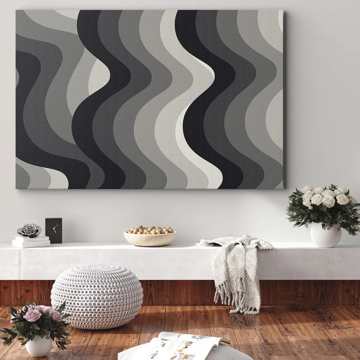 Tablou pe pânză Canvas - Modele ondulate alb-negru în nuanțe de gri - 70x50cm - Val după val - Decorațiune modernă pentru perete pentru living și dormitor ARTTOR