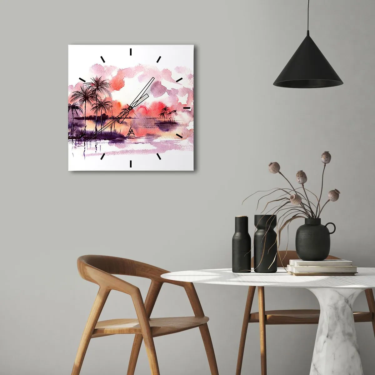 Ceas de perete - Ceas pe sticlă - Liniștea tropicelor în roșu - 30x30 cm