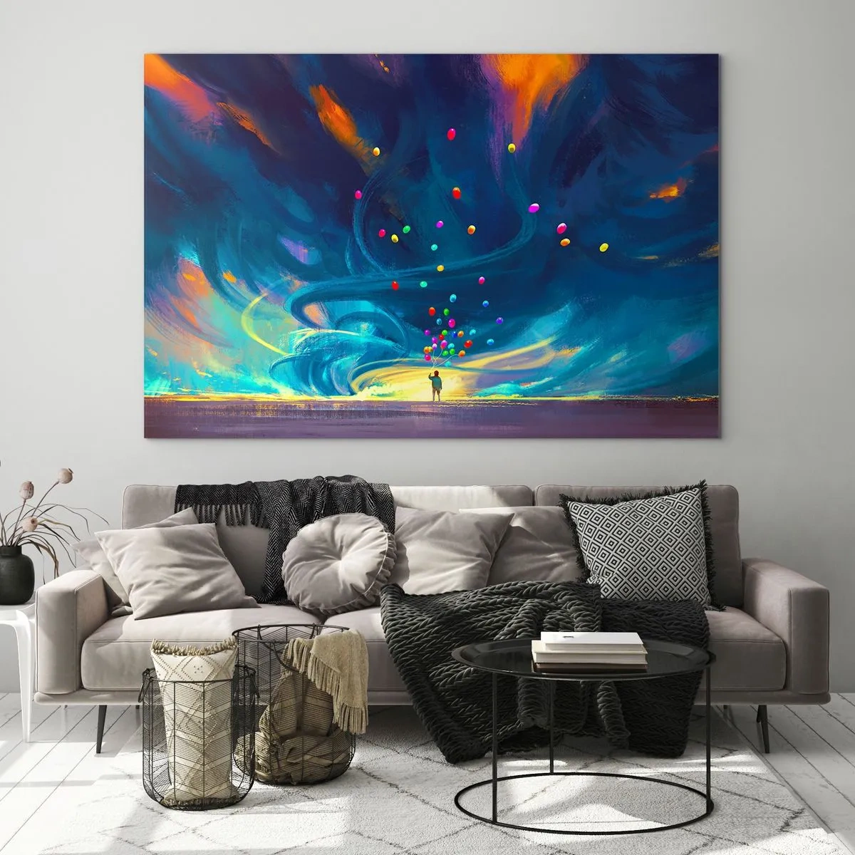 Tablou pe sticlă - O persoană care ține baloane colorate pe un fundal albastru de vânt. - 70x50cm - Pe un vânt albastru - Decorațiune modernă pentru perete pentru living și dormitor ARTTOR