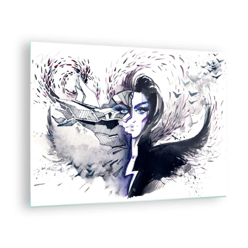 Tablou pe sticlă - Portret abstract cu elemente dinamice și negru - 70x50cm - Demonică și frumoasă - Decorațiune modernă pentru perete pentru living și dormitor ARTTOR