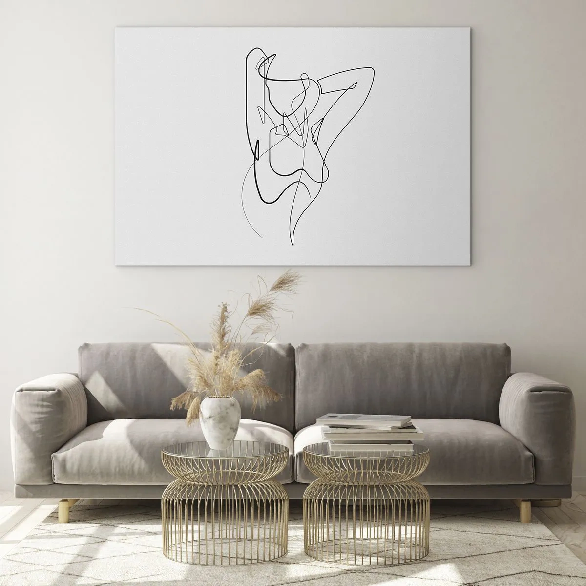 Tablou pe sticlă - O siluetă feminină desenată cu o singură linie pe un fundal alb - 70x50cm - Cine ești tu? - Decorațiune modernă pentru perete pentru living și dormitor ARTTOR