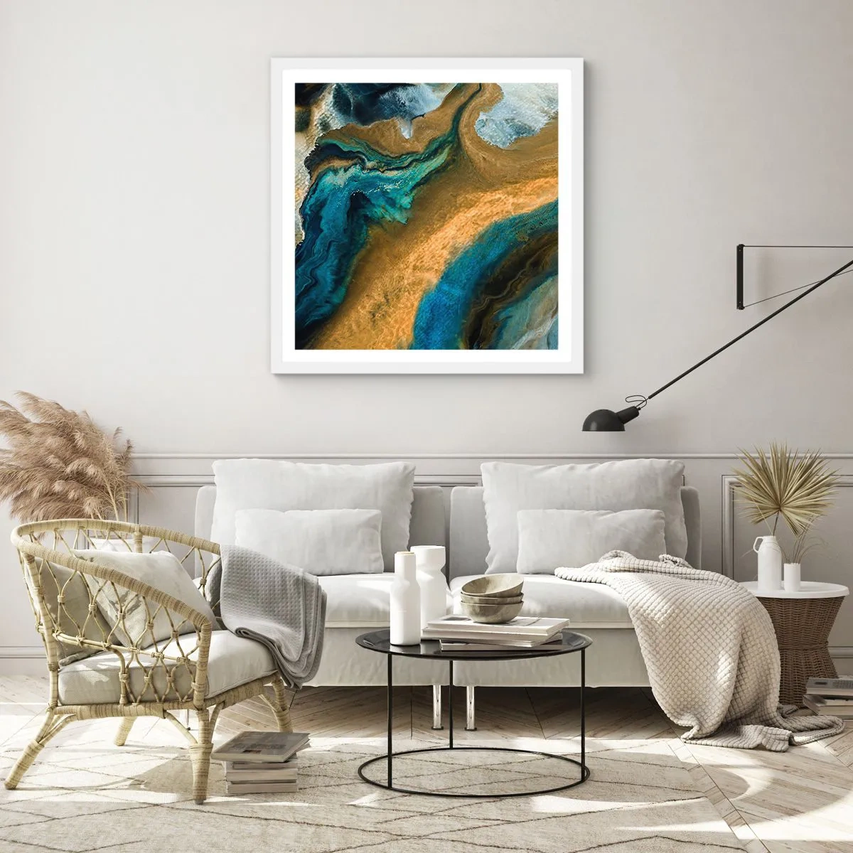 Poster în ramă albă - Albastru - galben - influență reciprocă - 30x30 cm