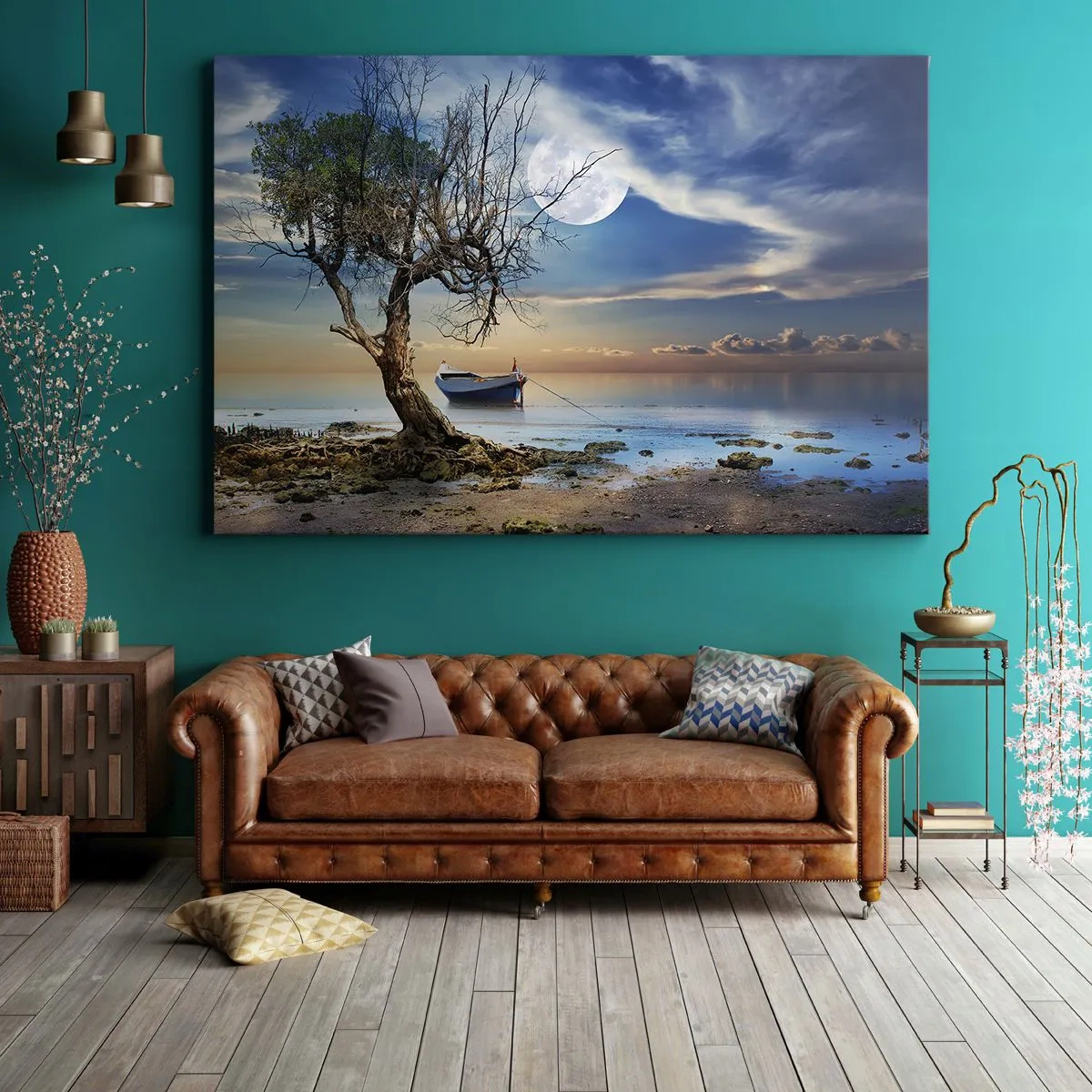 Tablou pe pânză Canvas - Un copac singuratic și o barcă pe ape calme sub lună plină. - 70x50cm - Este acesta sfârșitul sau începutul? - Decorațiune modernă pentru perete pentru living și dormitor ARTTOR