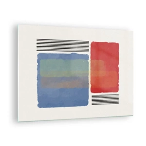 Tablou pe sticlă - Compoziție geometrică cu dreptunghiuri roșii și albastre - 70x50cm - Spiritul și litera geometriei - Decorațiune modernă pentru perete pentru living și dormitor ARTTOR