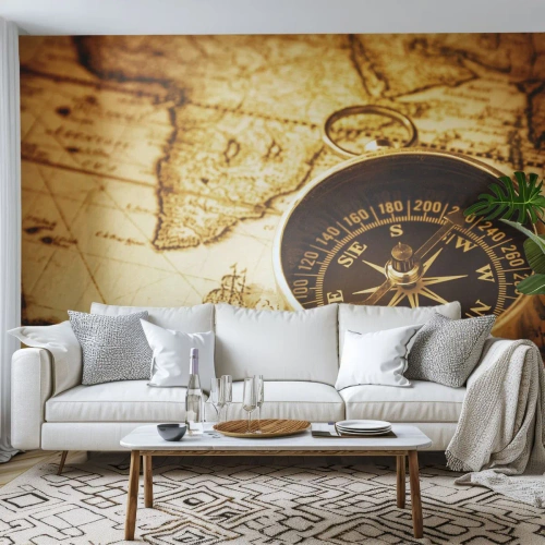 Tapet Standard Eco - Est sau vest? - Călătorii, Hărțile lumii, Busolă - 350x256 cm