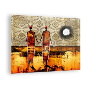 Tablou pe sticlă - Două figuri abstracte pe un fundal de ornament și nuanțe aurii - 70x50cm - Compoziție etnică în culorile Africii - Decorațiune modernă pentru perete pentru living și dormitor ARTTOR