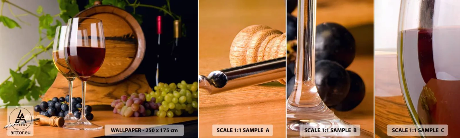 Mostră de Tapet Standard Eco - Ca la vechii maeștri - Butoiul de vin, Strugurii, Un pahar de vin - 100x30 cm