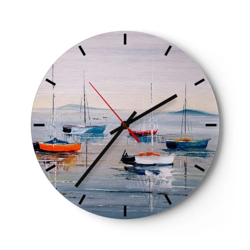 Ceas de perete - Ceas pe sticlă - Bărci colorate acostând pașnic la suprafața apei - 30x30cm - O odihnă binemeritată - Decorațiune modernă pentru perete pentru living, bucătărie și dormitor ARTTOR