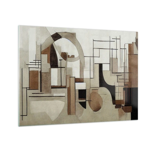 Tablou pe sticlă - Peisaj geometric în nuanțe de maro și bej - 70x50cm - Peisaj urban 2.0 - Decorațiune modernă pentru perete pentru living și dormitor ARTTOR