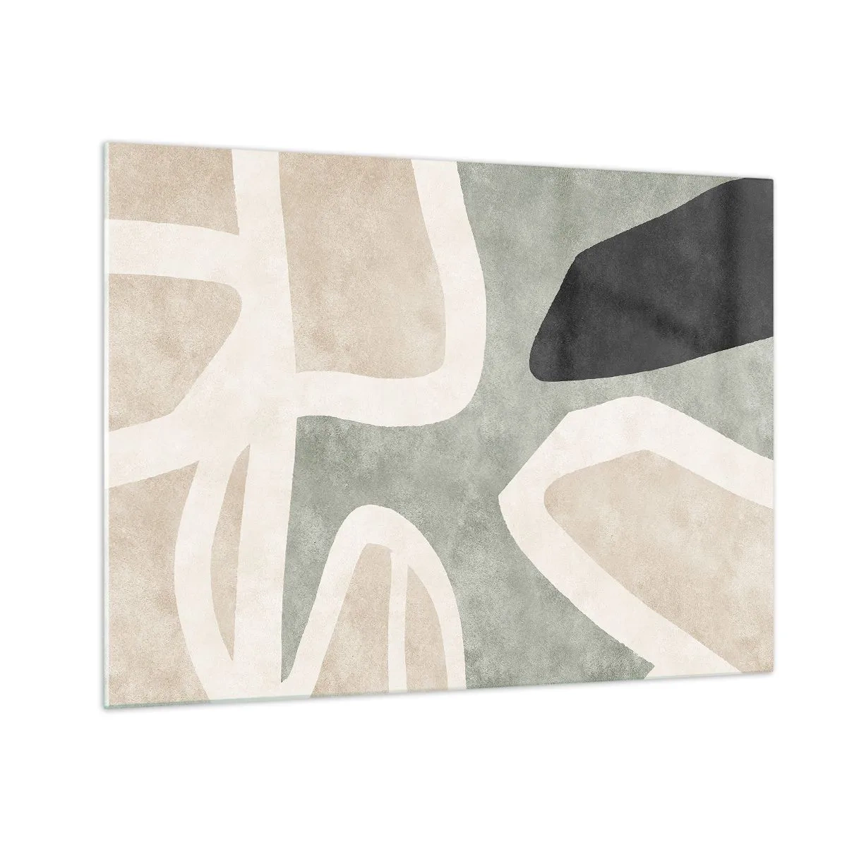 Tablou pe sticlă - Forme abstracte în bej și verde cu o notă de negru - 70x50cm - Compoziție cu motiv negru - Decorațiune modernă pentru perete pentru living și dormitor ARTTOR