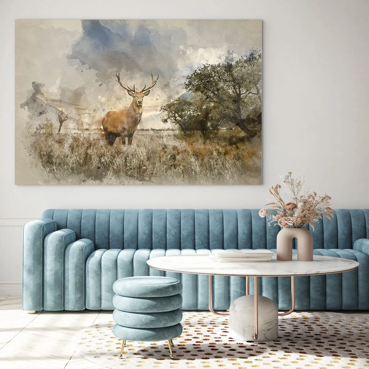 Tablou pe sticlă - Un cerb într-un peisaj natural cu culori subtile în fundal - 70x50cm - Demnitate - putere - măreție - Decorațiune modernă pentru perete pentru living și dormitor ARTTOR