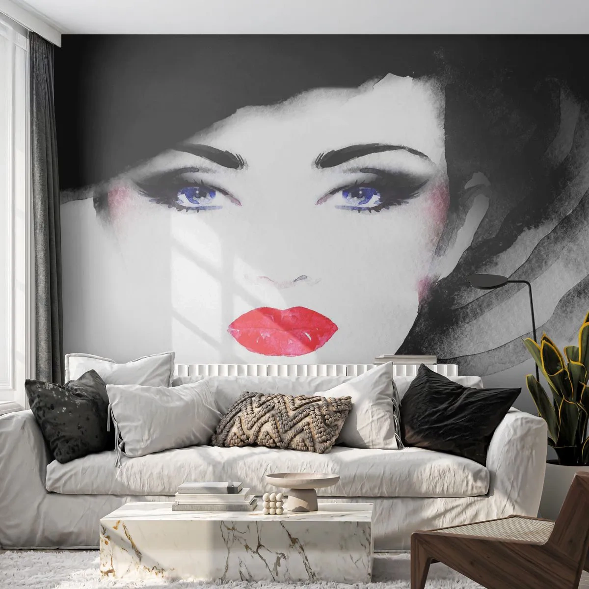 Tapet Premium Sand - Respinge și cheamă - Chipul de femeie, buze rosii, Ochi albaștrii - 100x70 cm