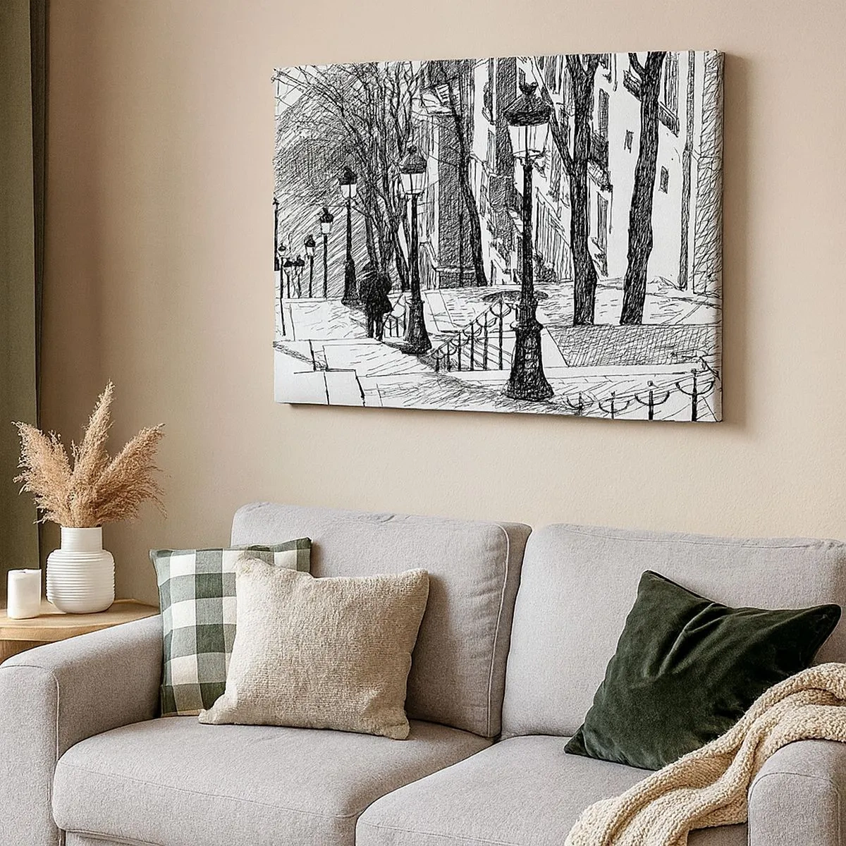 Tablou pe pânză Canvas - O stradă cu felinare și o siluetă umană în tehnica schiței - 70x50cm - Poveste de dragoste sau poveste de groază? - Decorațiune modernă pentru perete pentru living și dormitor ARTTOR