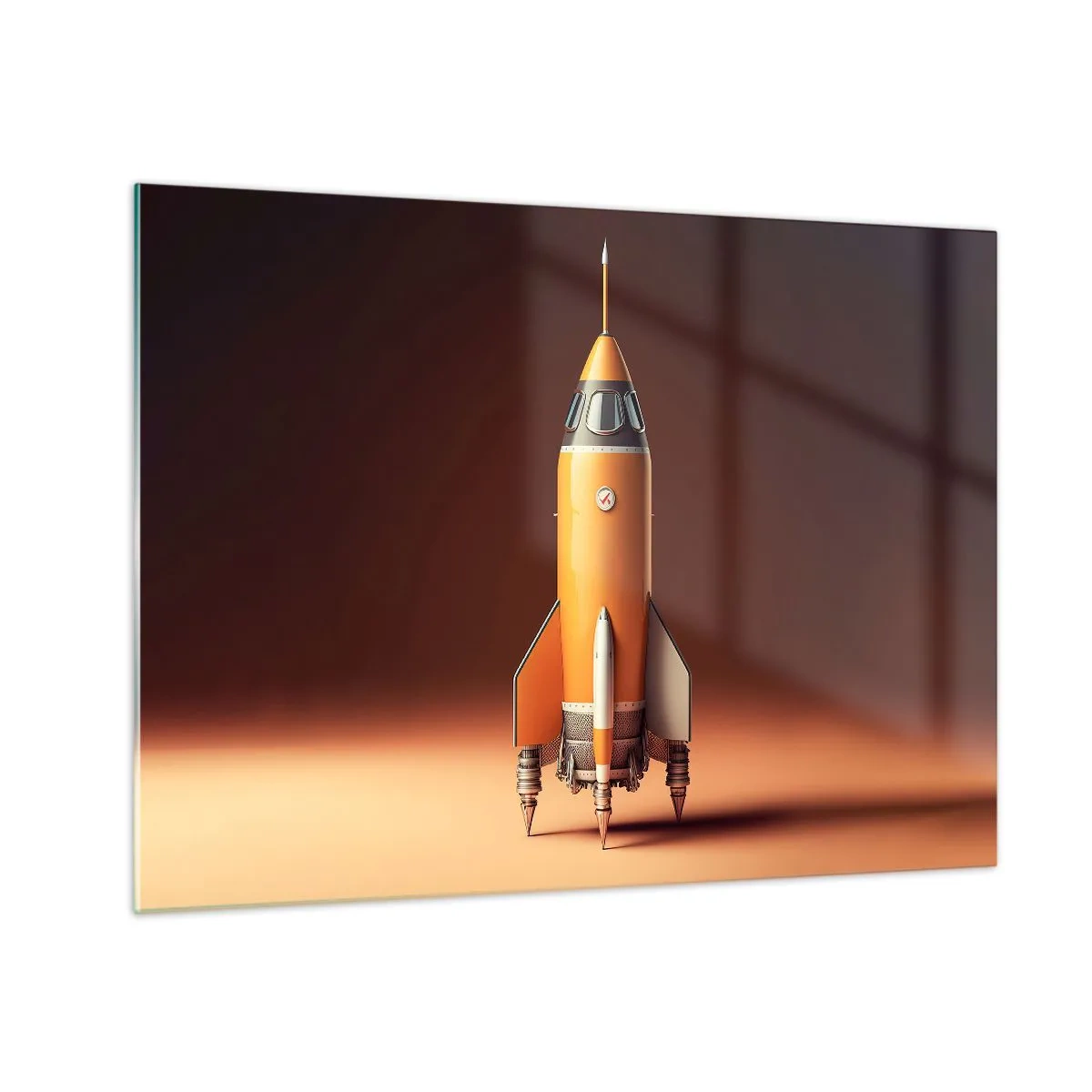 Tablou pe sticlă - O rachetă portocalie pe un fundal luminos delicat - 70x50cm - Totul începe cu un vis - Decorațiune modernă pentru perete pentru living și dormitor ARTTOR