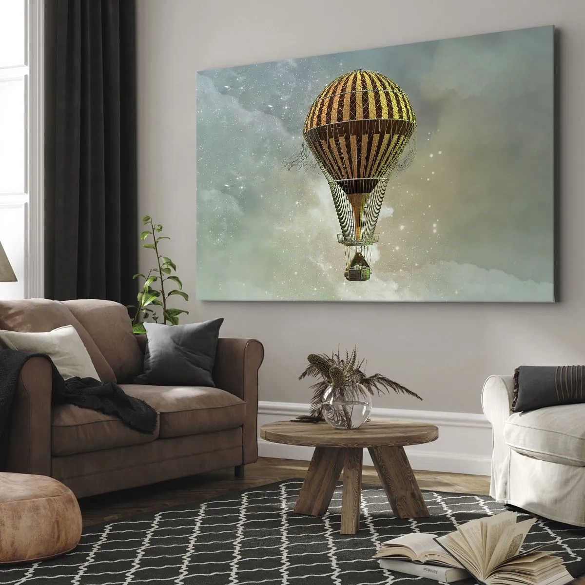 Tablou pe pânză Canvas - Un balon cu aer cald plutind printre nori - 70x50cm - Zboruri de pionierat - Decorațiune modernă pentru perete pentru living și dormitor ARTTOR