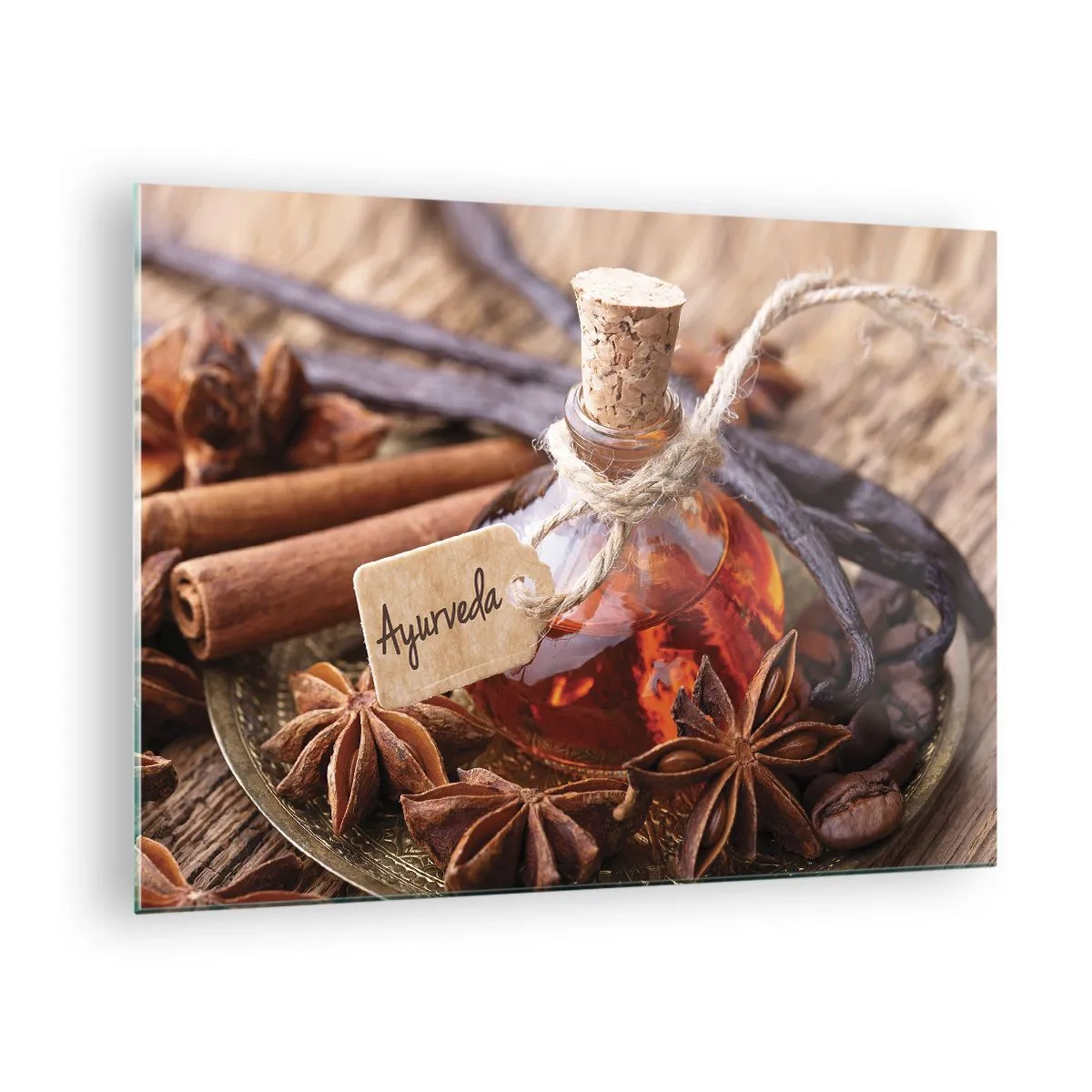 Tablou pe sticlă - Sticlă de ulei și condimente în stil ayurvedic - 70x50cm - Unitatea trupului și a spiritului - Decorațiune modernă pentru perete pentru living și dormitor ARTTOR