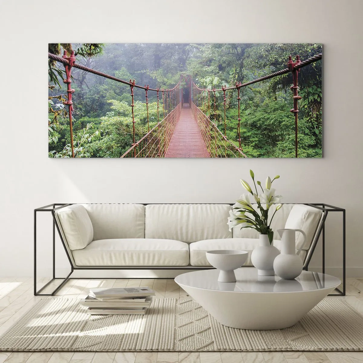 Tablou pe sticlă - Suspendat deasupra coroanelor arborilor - 100x40 cm