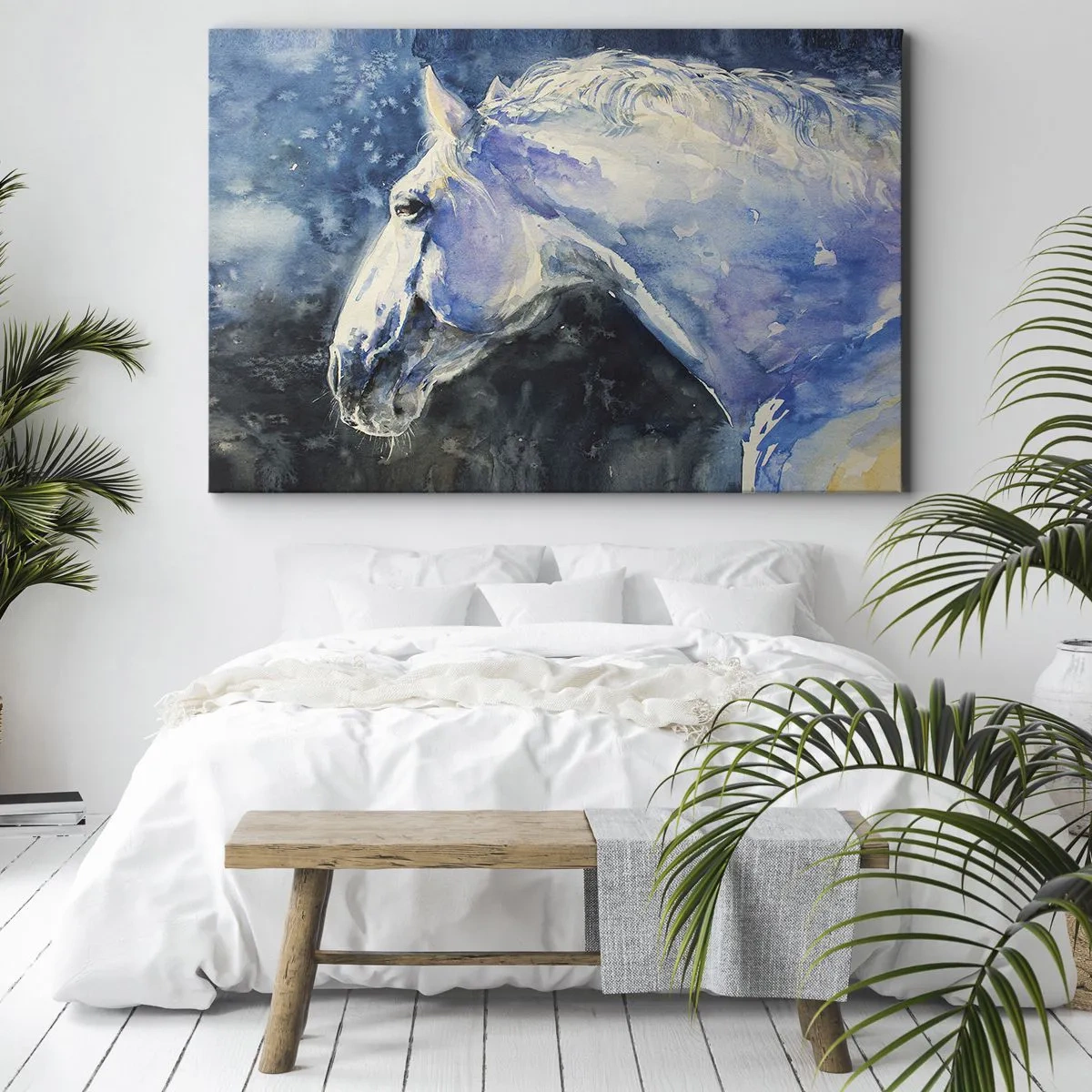 Tablou pe pânză Canvas - Un portret al unui cal în nuanțe de albastru cu efect pictural de acuarelă. - 70x50cm - Portret într-o strălucire albastră - Decorațiune modernă pentru perete pentru living și dormitor ARTTOR