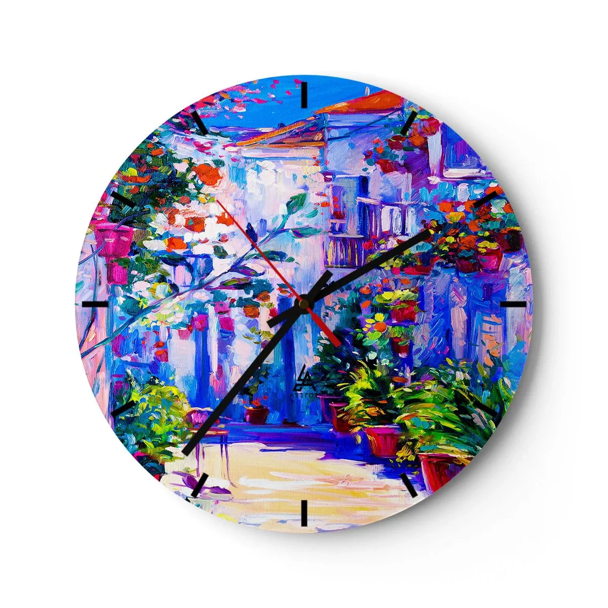 Ceas de perete - Ceas pe sticlă - O terasă fermecătoare plină de flori în culori intense - 30x30cm - Impresie - străduță italiană - Decorațiune modernă pentru perete pentru living, bucătărie și dormitor ARTTOR