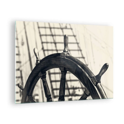 Tablou pe sticlă - Timonă nautică alb-negru - 70x50cm - Povești despre mare - Decorațiune modernă pentru perete pentru living și dormitor ARTTOR