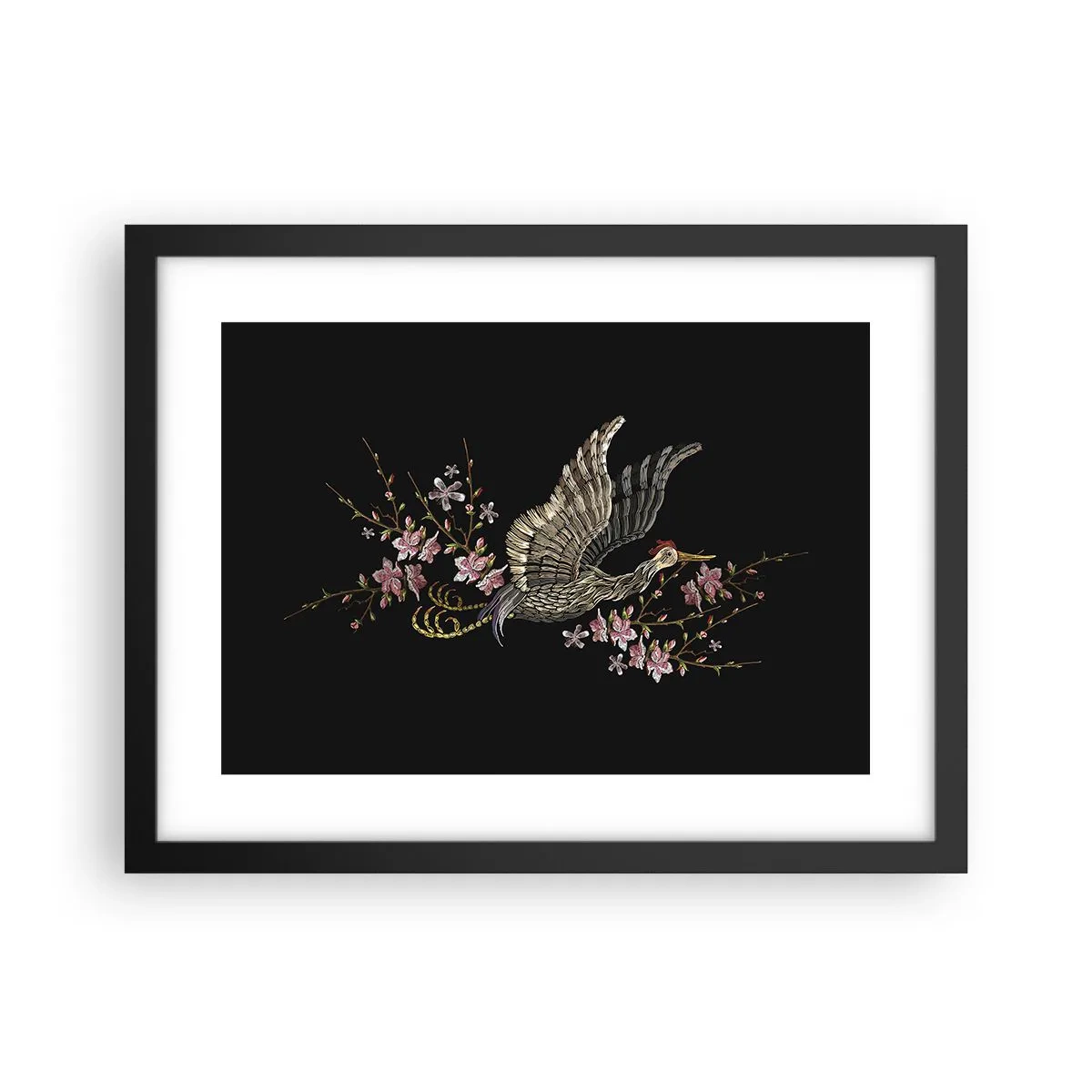 Poster în ramă neagră - Pasăre exotică brodată - 40x30 cm