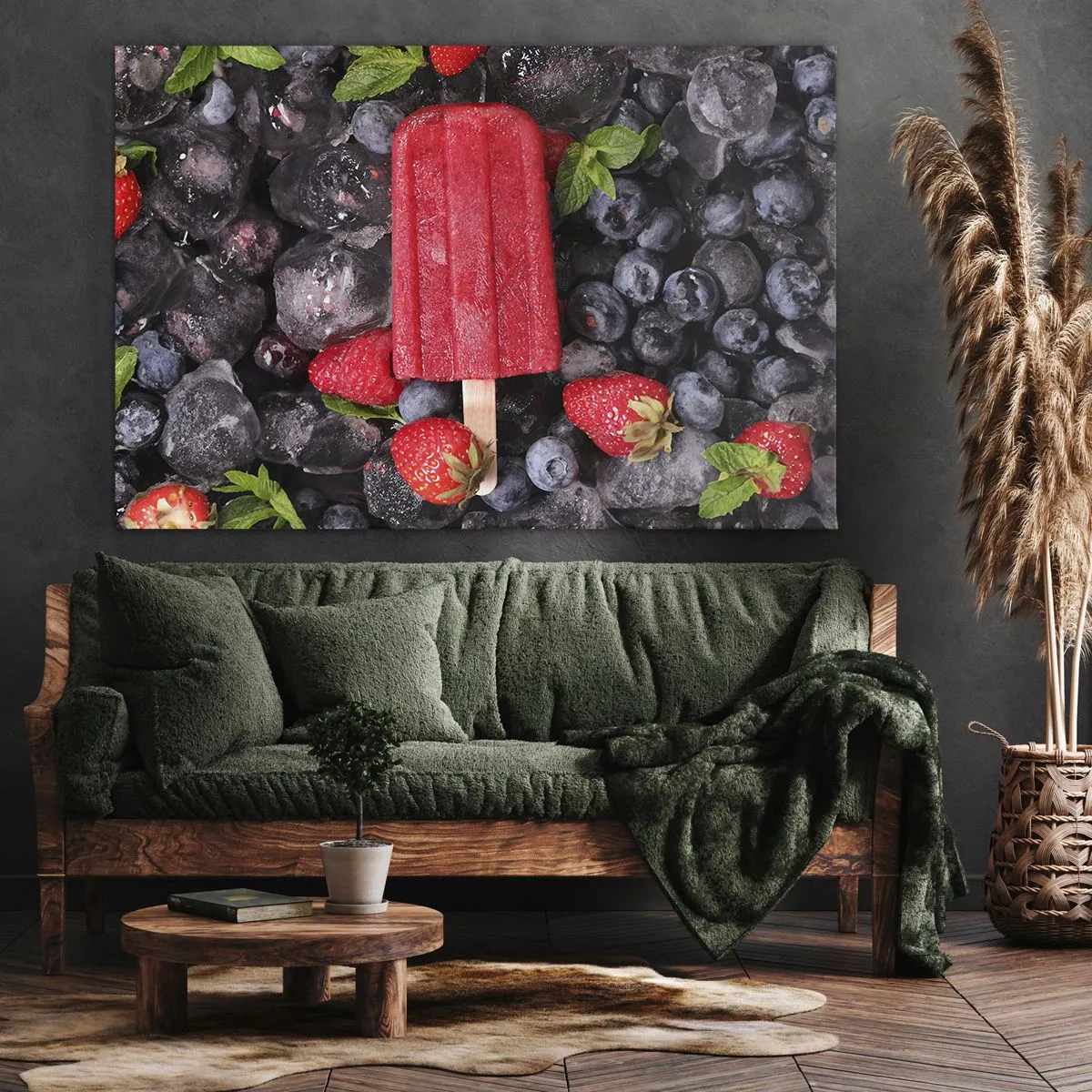 Tablou pe pânză Canvas - Înghețată roșie înconjurată de fructe și gheață - 70x50cm - Umbra unei veri fierbinți - Decorațiune modernă pentru perete pentru living și dormitor ARTTOR