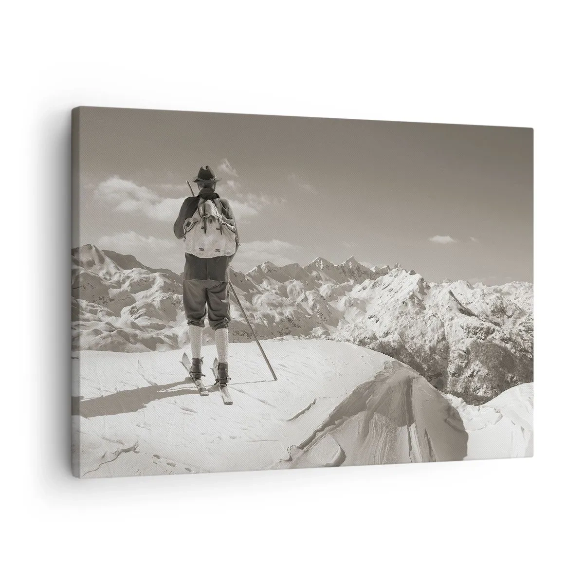 Tablou pe pânză Canvas - Un schior pe vârful unui munte, în alb și negru - 70x50cm - Și munții sunt la fel - Decorațiune modernă pentru perete pentru living și dormitor ARTTOR