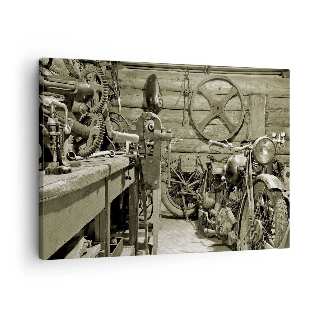 Tablou pe pânză Canvas - Atelier retro cu motociclete și unelte - 70x50cm - În șopronul unchiului Vlad - Decorațiune modernă pentru perete pentru living și dormitor ARTTOR