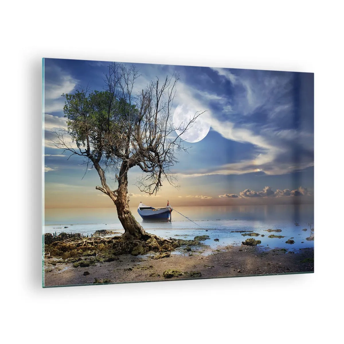 Tablou pe sticlă - O barcă singuratică lângă un copac pe fundalul lunii - 70x50cm - Este acesta sfârșitul sau începutul? - Decorațiune modernă pentru perete pentru living și dormitor ARTTOR