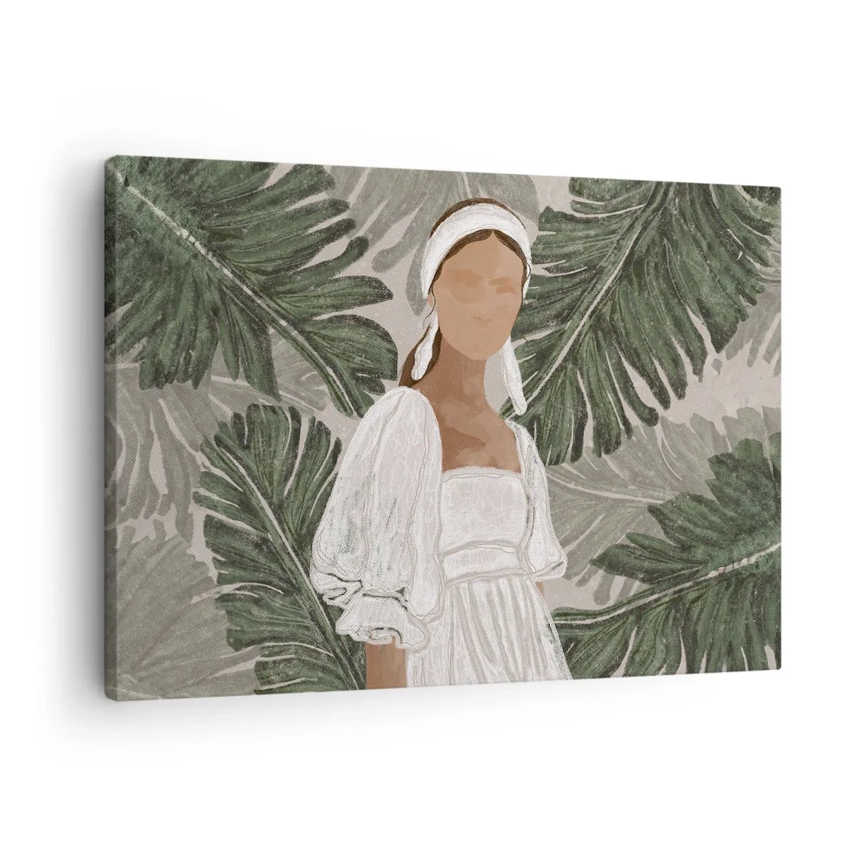 Tablou pe pânză Canvas - Portretul unei femei într-o rochie albă pe un fundal de frunze de monstera - 70x50cm - Portret exotic - Decorațiune modernă pentru perete pentru living și dormitor ARTTOR