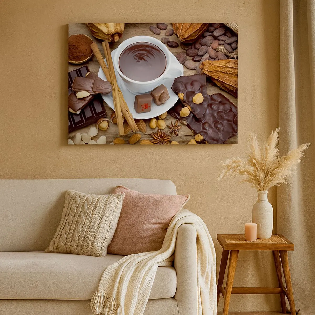 Tablou pe pânză Canvas - O ceașcă de ciocolată caldă înconjurată de ingrediente pentru desert - 70x50cm - De la fabrica de ciocolată de basm - Decorațiune modernă pentru perete pentru living și dormitor ARTTOR