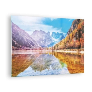 Tablou pe sticlă - Munții de toamnă se reflectă în lac, înconjurați de copaci colorați - 70x50cm - Iar în munți începe toamna - Decorațiune modernă pentru perete pentru living și dormitor ARTTOR
