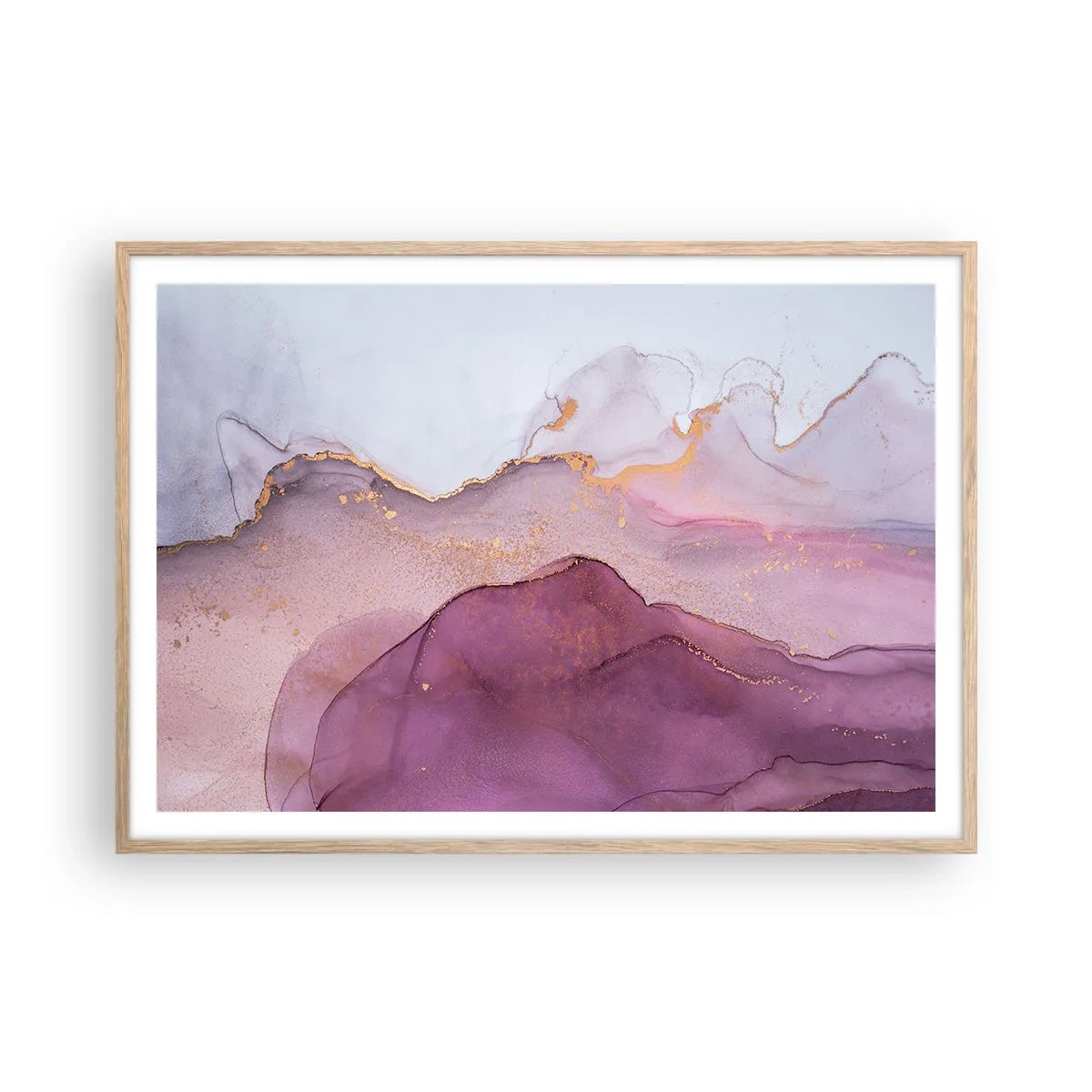 Poster în ramă de stejar deschis - Valuri de liliac și violet - 100x70 cm