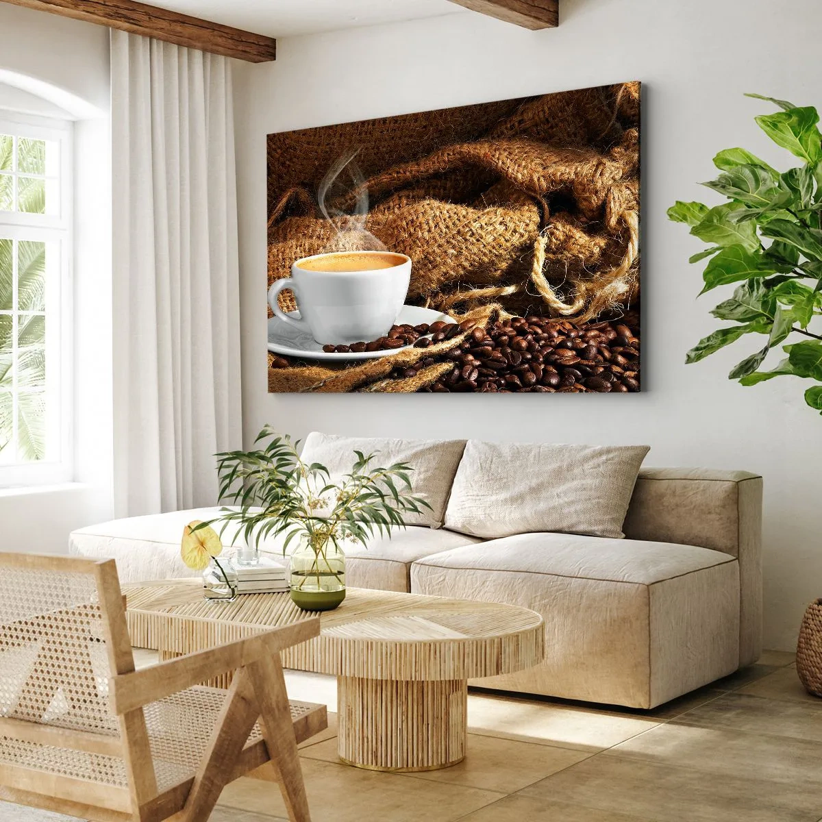 Tablou pe pânză Canvas - O ceașcă de cafea înconjurată de un plic de boabe de cafea - 70x50cm - Mirosul de mokka și densitatea lichidului de miere - Decorațiune modernă pentru perete pentru living și dormitor ARTTOR