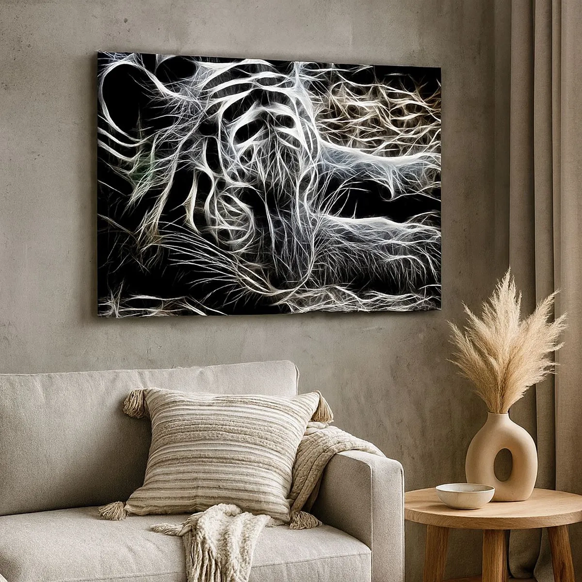 Tablou pe pânză Canvas - Un model abstract care înfățișează silueta unei pisici pe un fundal negru. - 70x50cm - Un studiu al lejerității felinelor - Decorațiune modernă pentru perete pentru living și dormitor ARTTOR