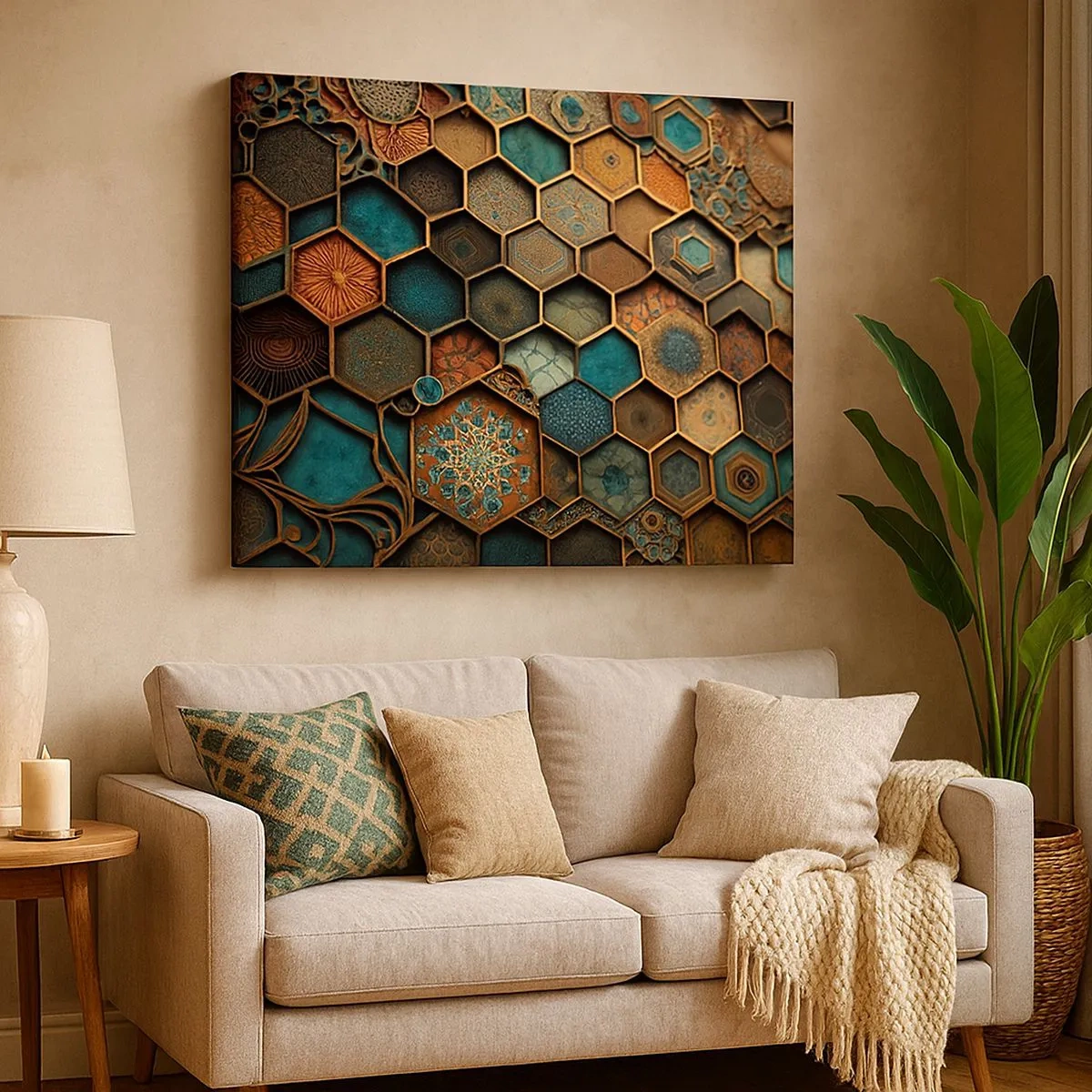 Tablou pe pânză Canvas - Ornamente colorate în modele hexagonale - 70x50cm - Ornamente arabe - o variație - Decorațiune modernă pentru perete pentru living și dormitor ARTTOR