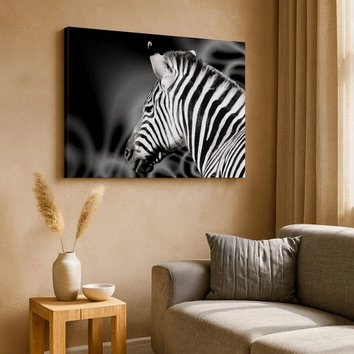 Tablou pe pânză Canvas - Portret alb-negru al unei zebre pe un fundal de modele abstracte. - 70x50cm - Albul e alb și negrul e negru - Decorațiune modernă pentru perete pentru living și dormitor ARTTOR