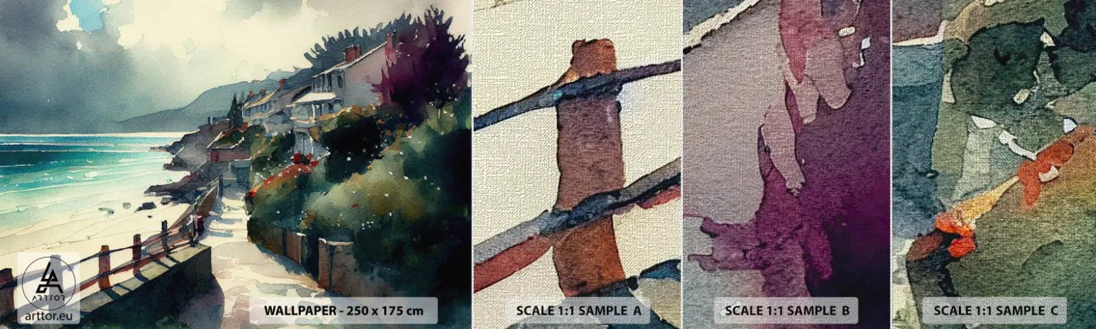 Mostră tapet Premium Canvas - Orășel mediteraneean - Case, Peisaj, plajă - 100x30 cm