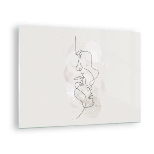 Tablou pe sticlă - Un desen minimalist al fețelor a două persoane într-o îmbrățișare subtilă și senzuală. - 70x50cm - Încurcați într-o îmbrățișare - Decorațiune modernă pentru perete pentru living și dormitor ARTTOR