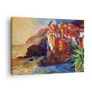 Tablou pe pânză Canvas - Case colorate pe o stâncă deasupra mării - 70x50cm - Oraș italian de vis - Decorațiune modernă pentru perete pentru living și dormitor ARTTOR