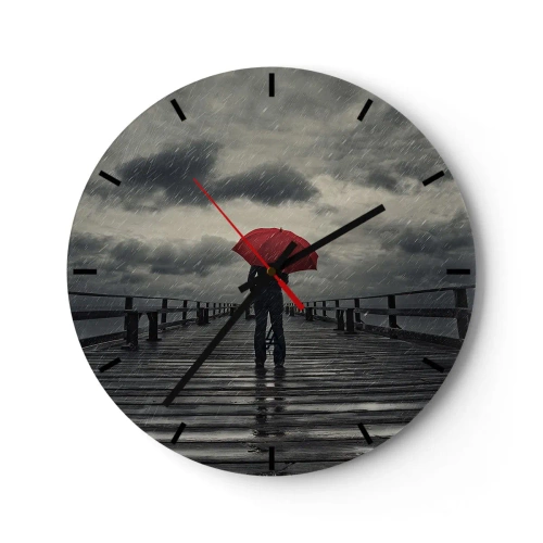 Ceas de perete - Ceas pe sticlă - O persoană cu o umbrelă roșie pe un dig într-o zi ploioasă. - 30x30cm - Nu e nimic dacă plouă - Decorațiune modernă pentru perete pentru living, bucătărie și dormitor ARTTOR