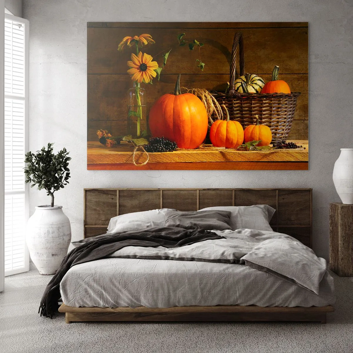Tablou pe sticlă - Natură statică de toamnă cu dovleci și flori - 70x50cm - Compoziție rustică - cadouri de toamnă - Decorațiune modernă pentru perete pentru living și dormitor ARTTOR