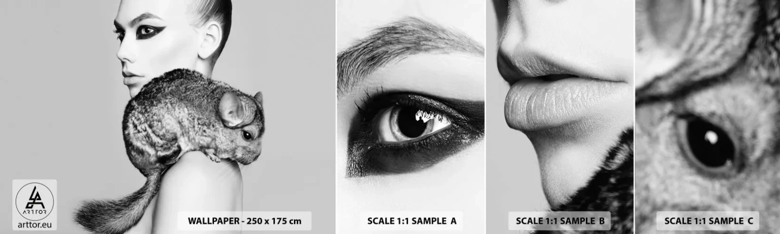 Mostră tapet autocolant Deluxe Sticker - Dama cu șinșilă - Femeie, Femeie Cu Chinchilla, Model - 100x30 cm