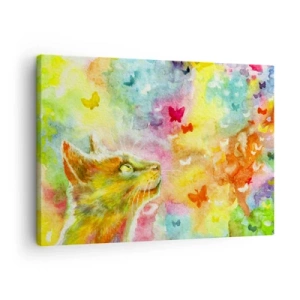 Tablou pe pânză Canvas - O pisică înconjurată de fluturi colorați - 70x50cm - Raiul pisicilor - Decorațiune modernă pentru perete pentru living și dormitor ARTTOR
