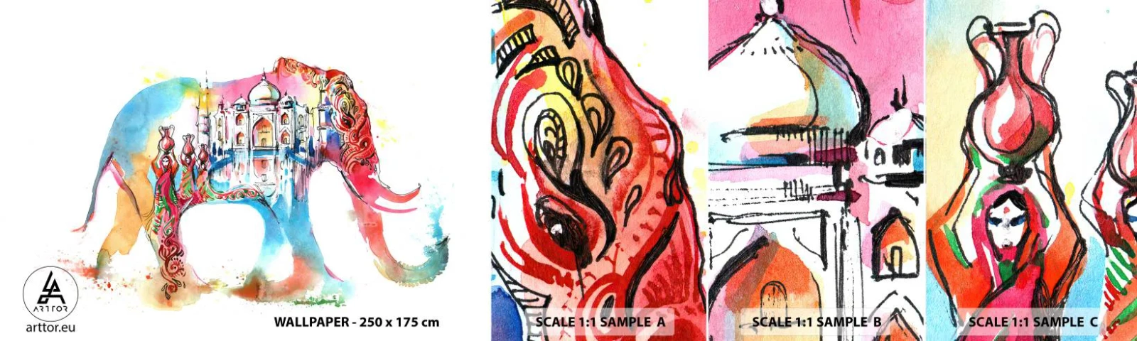 Mostră de Tapet Standard Eco - India - aura iubirii - Abstracția, Elefant, India - 100x30 cm