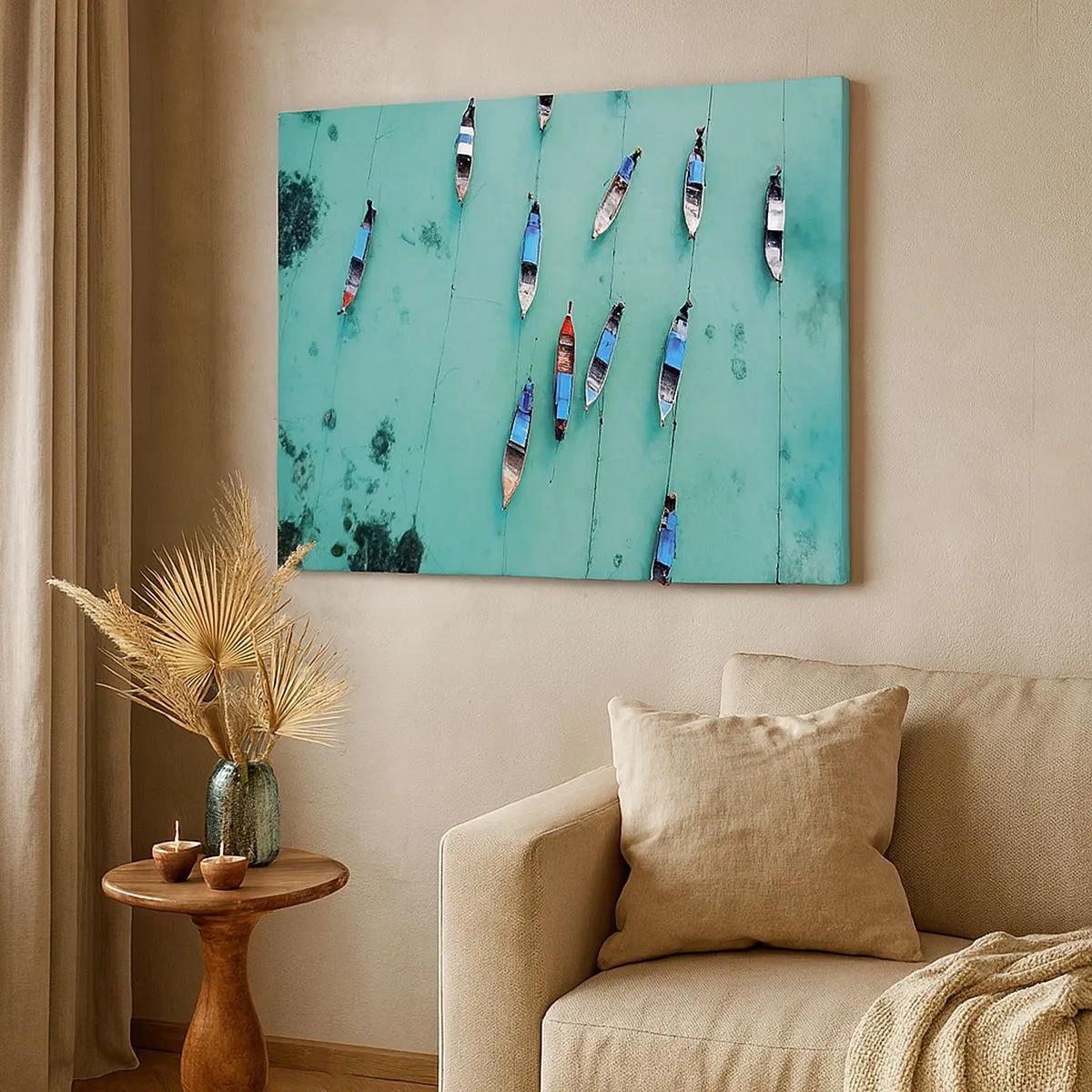 Tablou pe pânză Canvas - O vedere de sus a bărcilor pe apa turcoaz - 70x50cm - În așteptare - Decorațiune modernă pentru perete pentru living și dormitor ARTTOR