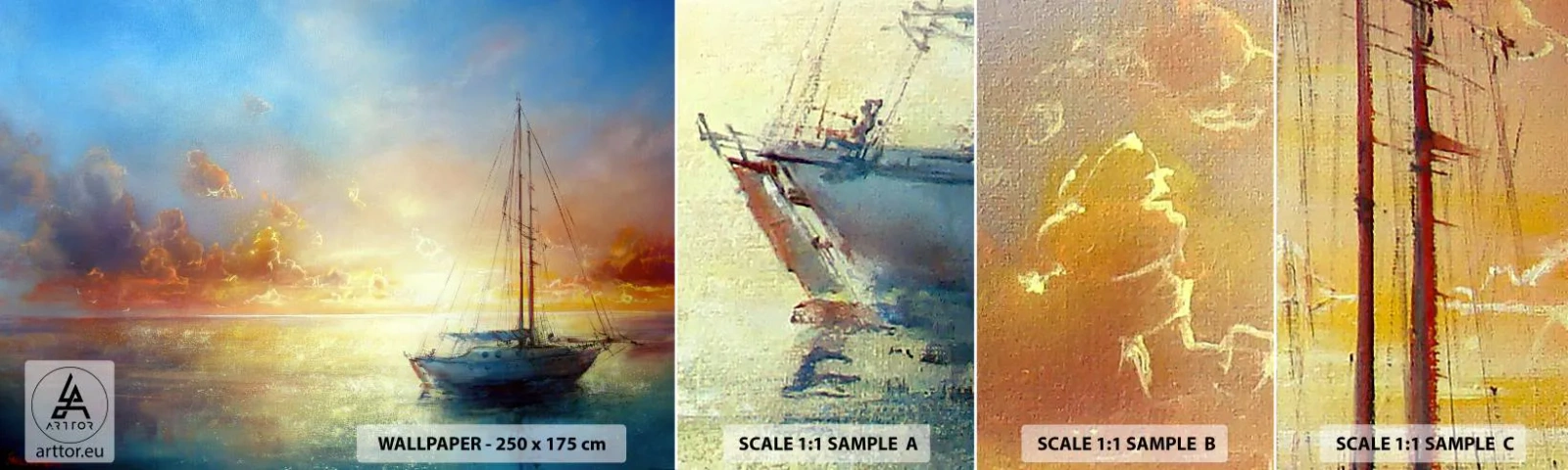 Mostră de Tapet Standard Eco - Într-un golf de aur - Barcă cu pânze, Peisaj, Mare - 100x30 cm