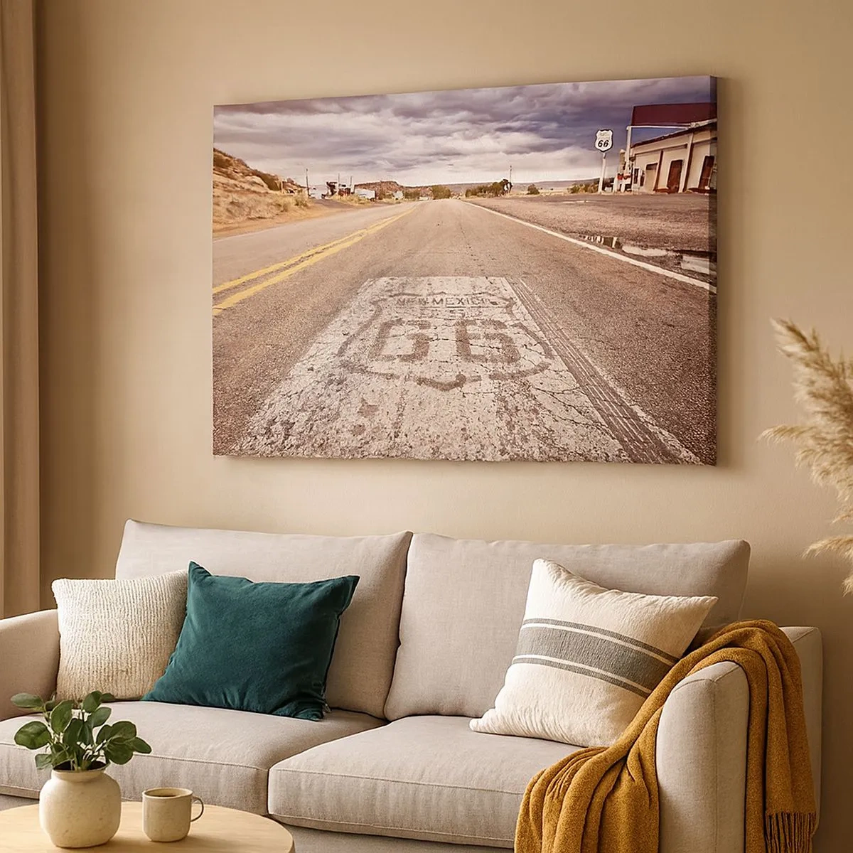 Tablou pe pânză Canvas - Ruta 66 într-un climat deșertic cu un cer pitoresc - 70x50cm - Mother Road - o legendă americană - Decorațiune modernă pentru perete pentru living și dormitor ARTTOR